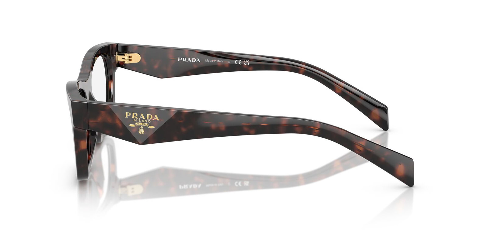 Das Bild zeigt die Bügel die Prada Brille B01V in Root schildpatt.